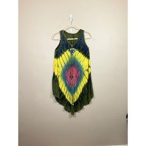 Womens Tie Dye Maxi Dress O/S Green Yellow Boho Hippie Festival Embroidered